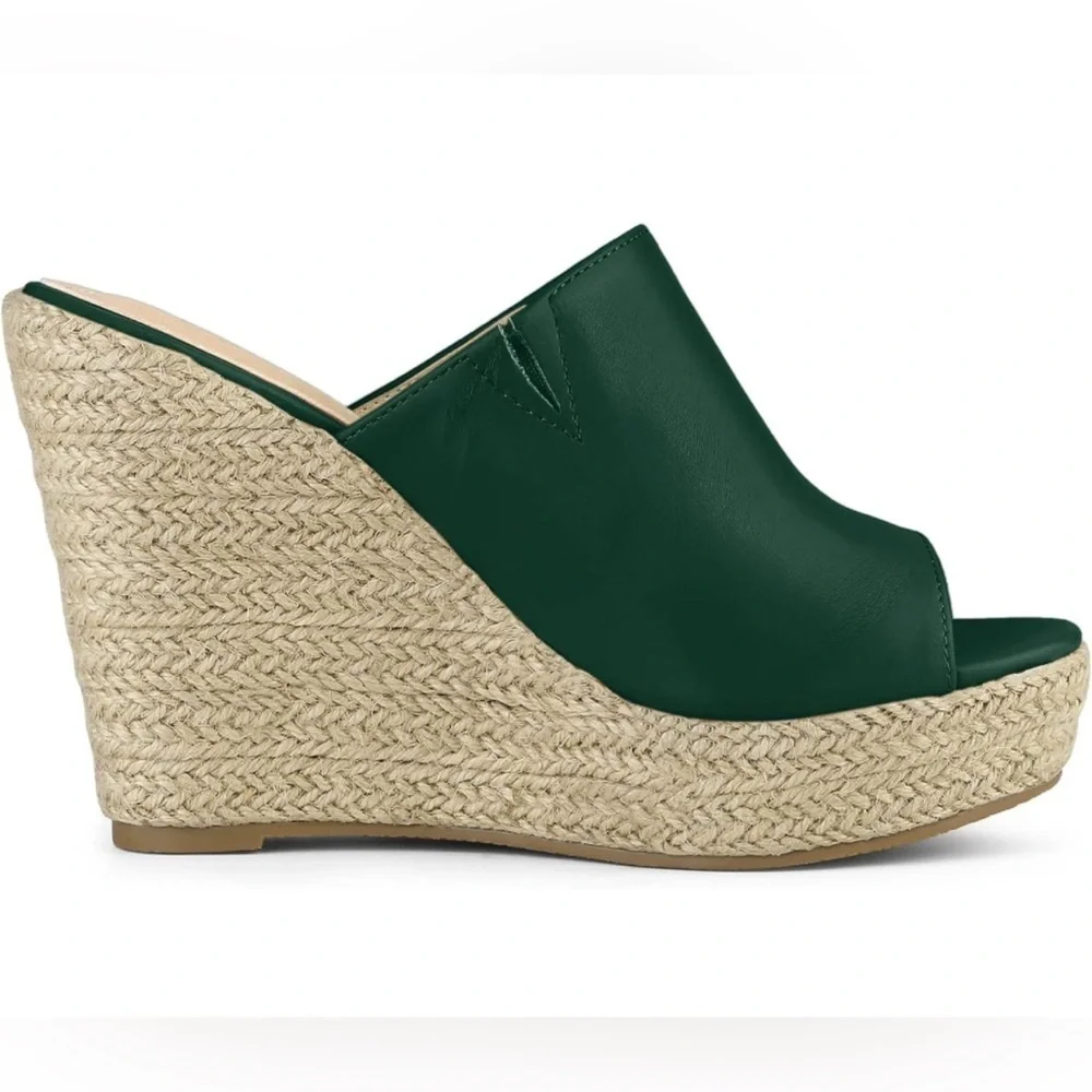 Allegra K Slip on Platform Sandals Espadrilles Wedges Slides Mules, Dark Green 9